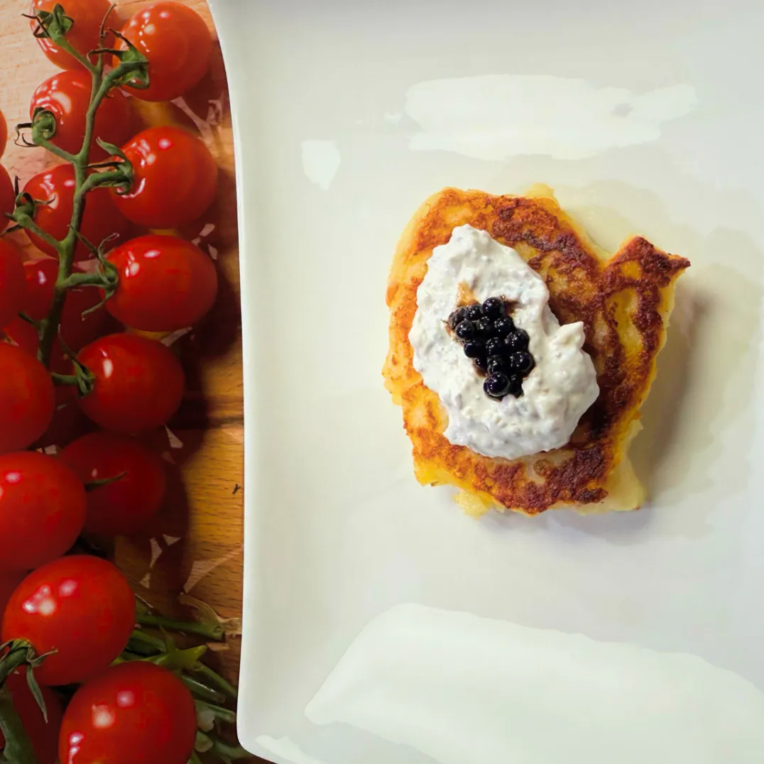 Crisp Potato Pancakes with Truffled Crème and Fresh Herb Garnish quadrato Crisp Potato Pancakes with Truffled Crème and Fresh Herb Garnish quadrato